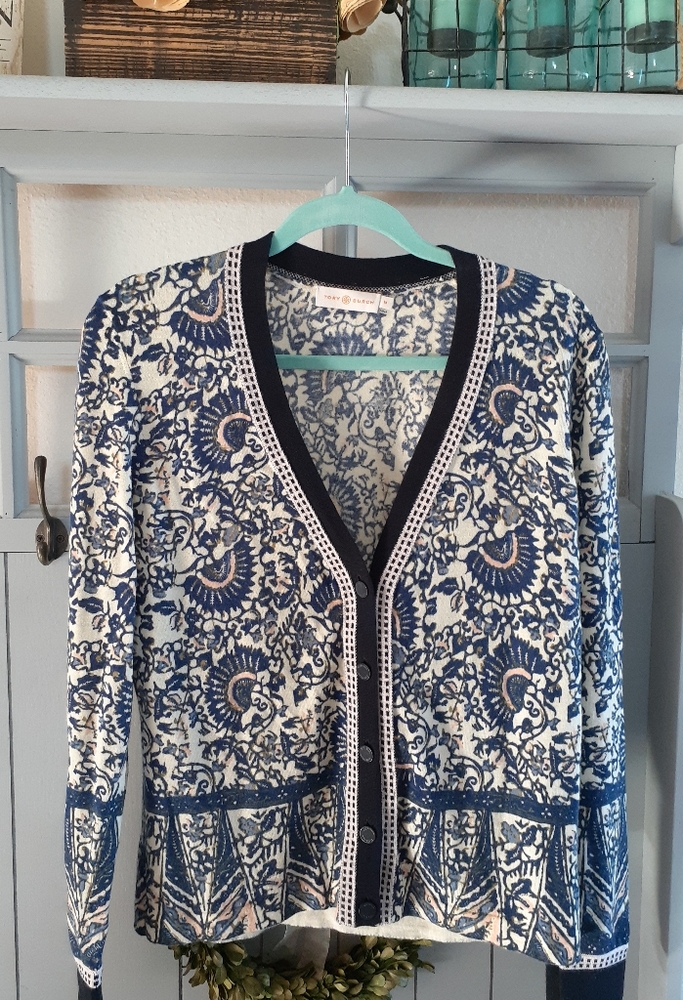 Tory Burch-Wool Navy Fan Cardigan, Size M-EUC